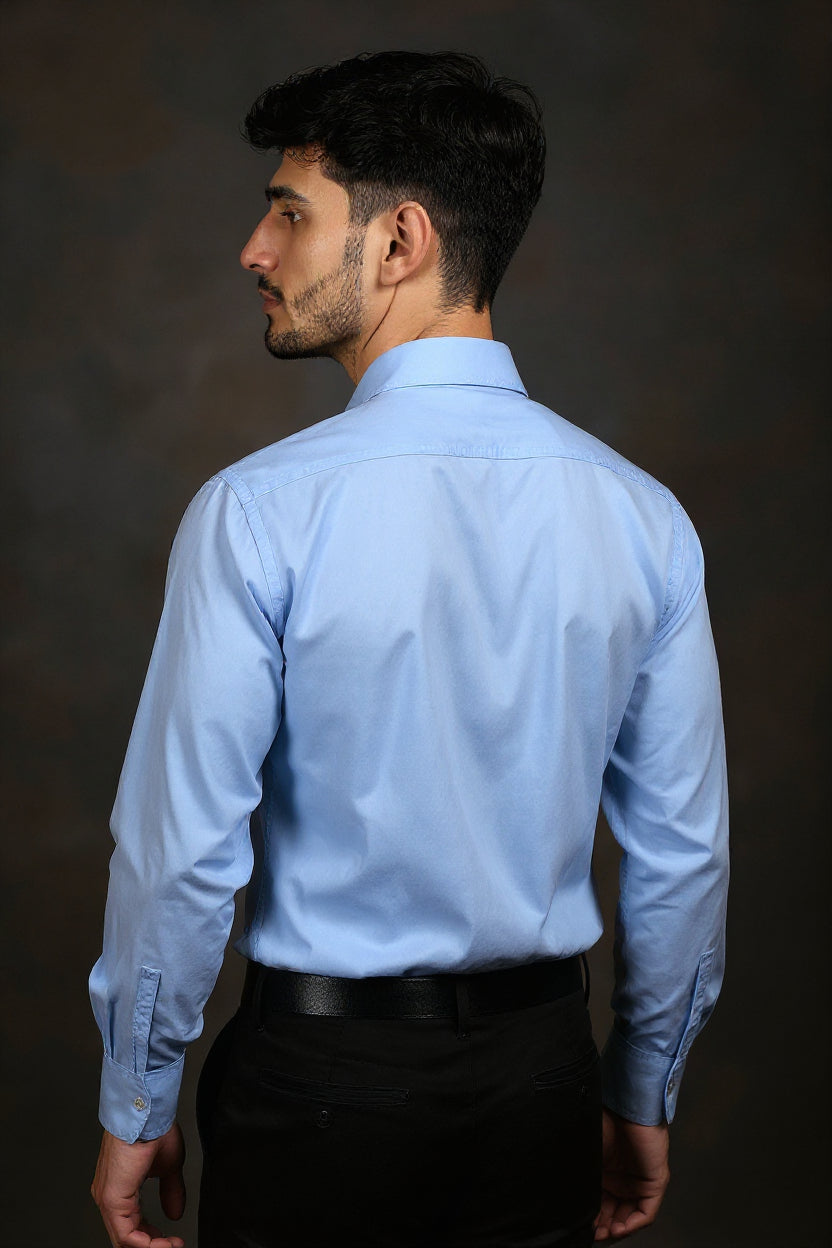 Men's Solid Slim Fit Formal Shirt with Spread Collar and Full Sleeves - Light Blue