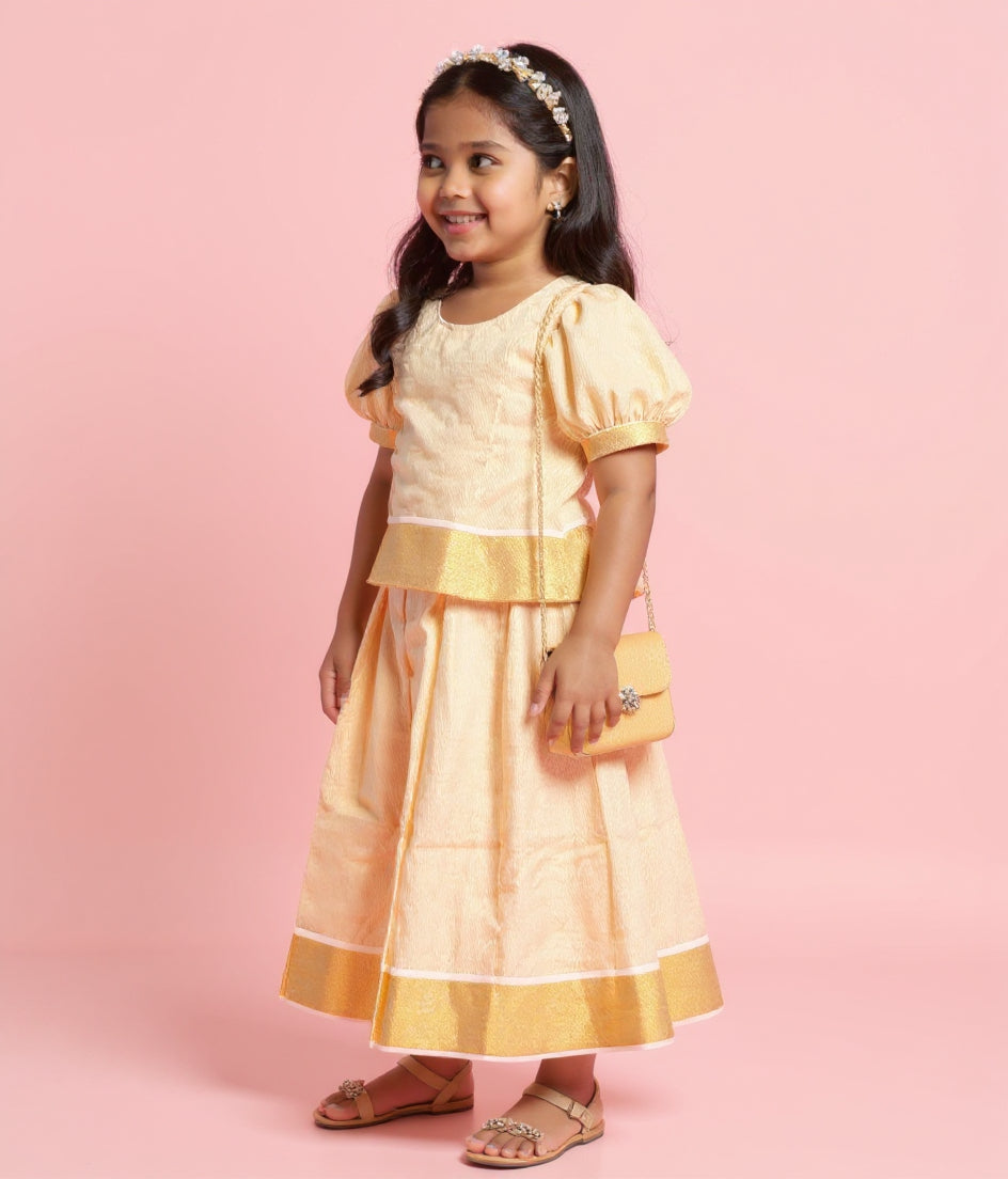 Kids' Traditional Readymade Pattu Pavadai Set with Puff Sleeves and Zari Border - Gold