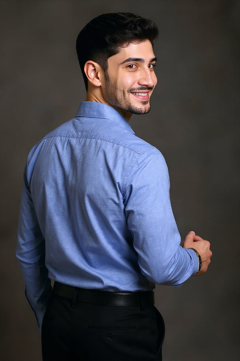 Men's Solid Slim Fit Formal Shirt with Spread Collar and Full Sleeves - Steel Blue