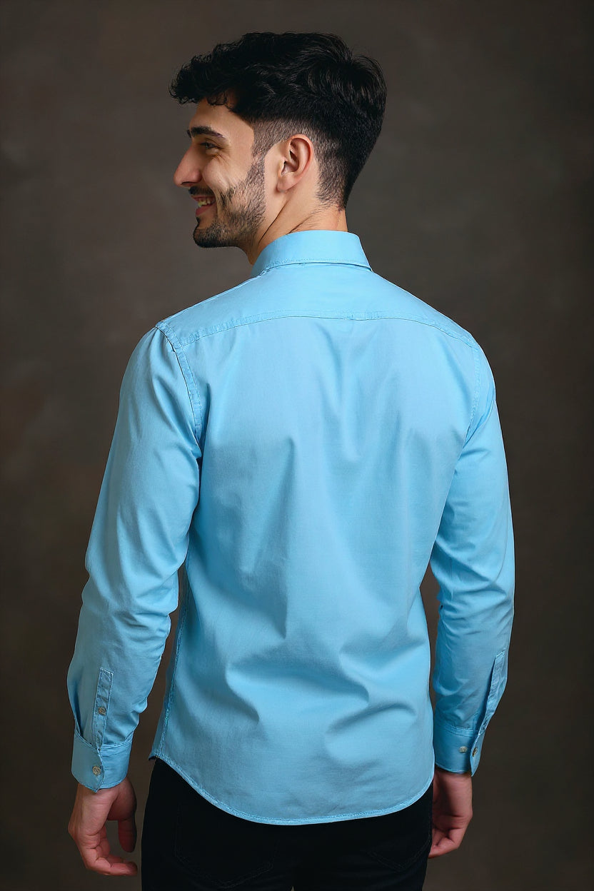 Men's Solid Slim Fit Formal Shirt with Spread Collar and Full Sleeves - Sky Blue