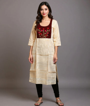 Women's Embroidered Yoke Design A-line Kurta with 3/4th Sleeves - Cream