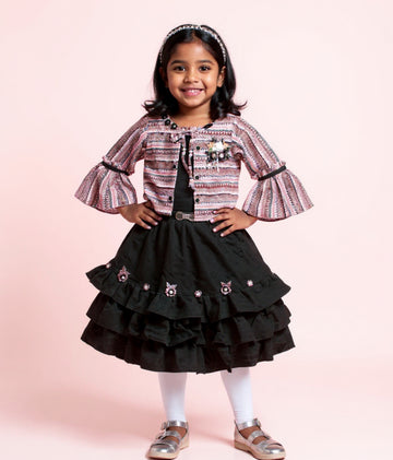 Girls' Tiered Skirt Dress with Bell Sleeve & Embellishments - Multi