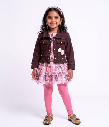 Girls' Floral Print A-Line Western Dress with Denim Jacket - Multi