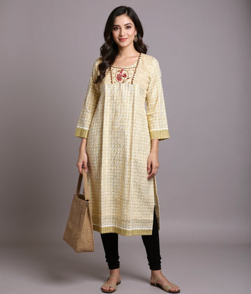 Women's Ethnic Motifs Embroidered Yoke Straight Kurta with Checked Design - Cream