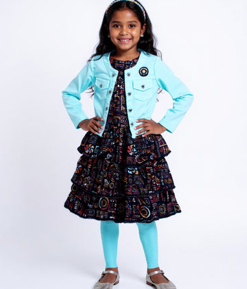 Kids' Tiered Ruffle Dress with Coordinating Jacket and Leggings Set - Black