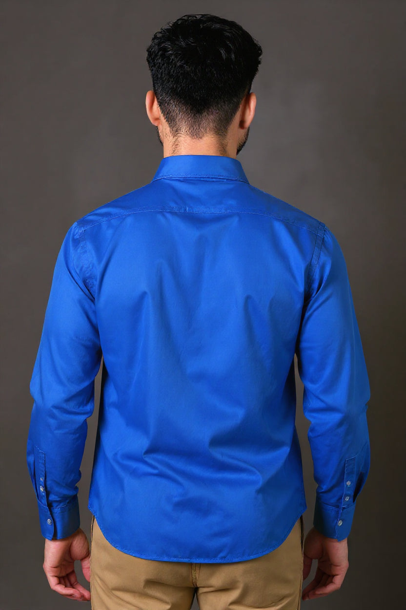 Men's Solid Slim Fit Formal Shirt with Spread Collar and Full Sleeves - Royal Blue
