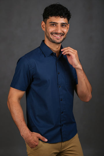 Men's Solid Slim Fit Formal Shirt with Spread Collar and Half Sleeves - Navy Blue