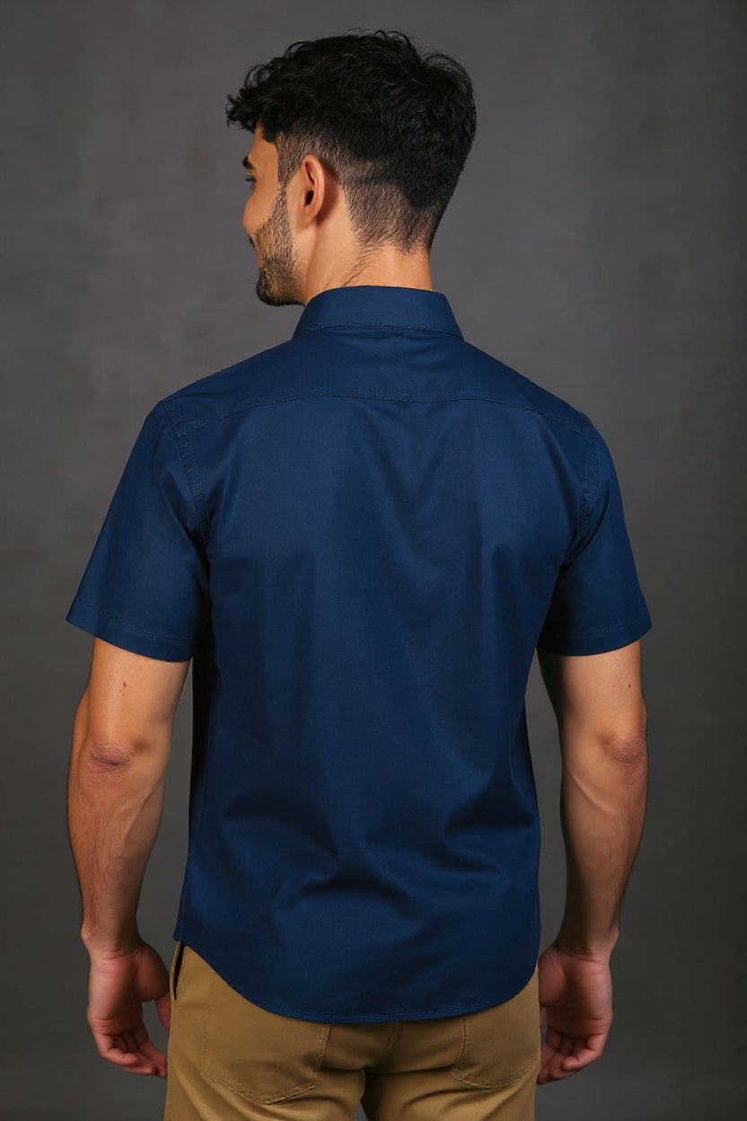 Men's Solid Slim Fit Formal Shirt with Spread Collar and Half Sleeves  - Navy Blue