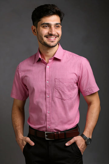 Men's Solid Slim Fit Formal Shirt with Spread Collar and Half Sleeves - Pink