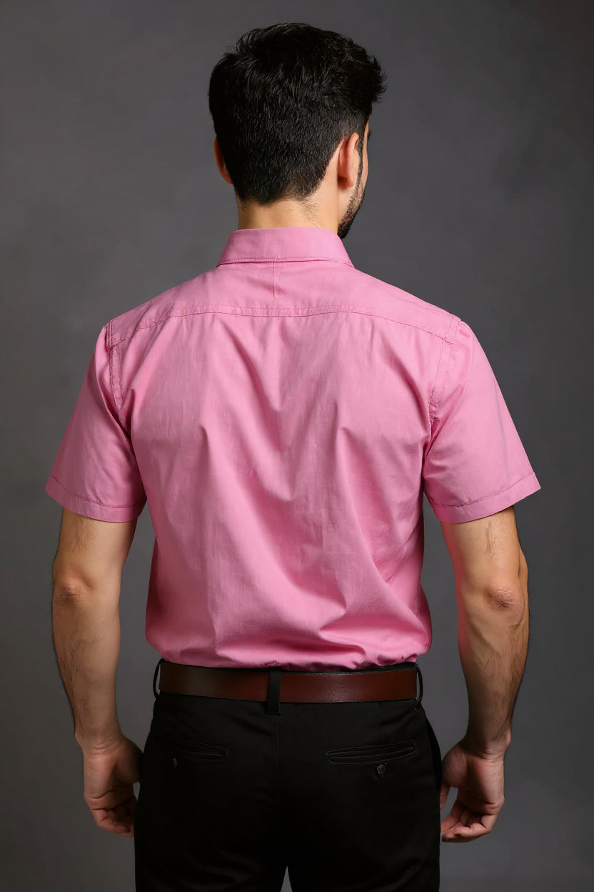 Men's Solid Slim Fit Formal Shirt with Spread Collar and Half Sleeves - Pink