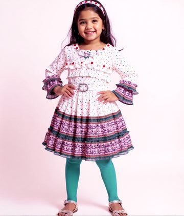 Girls' Tiered Ruffle Western Wear Dress with Embroidered Yoke & Bell Sleeves - Cream
