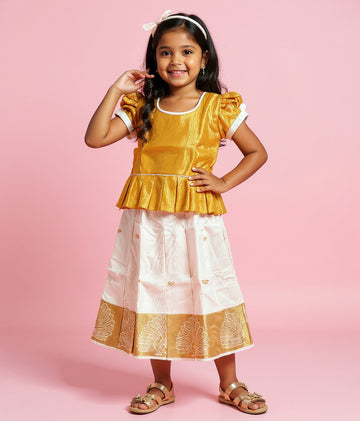 Kids' Traditional Readymade Pattu Pavadai Set with Puff Sleeves and Zari Border - Yellow and White