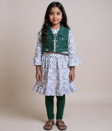Kids' Printed Dress with Denim Vest & Leggings Set - Pale Green