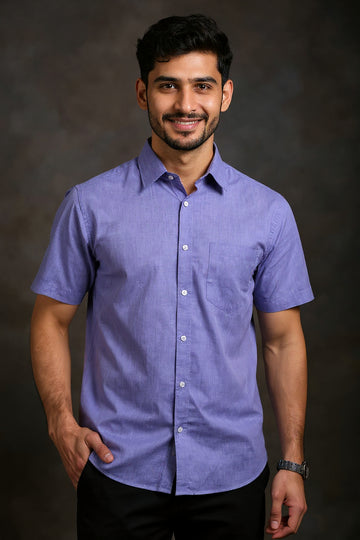 Men's Solid Slim Fit Formal Shirt with Spread Collar and Half Sleeves - Lavender