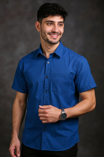Men's Solid Slim Fit Formal Shirt with Spread Collar and Half Sleeves - Royal Blue