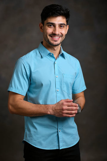Men's Solid Slim Fit Formal Shirt with Spread Collar and Half Sleeves - Sky Blue