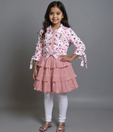 Girls' Floral Print Collared Top with Tiered Skirt & Leggings Set - Peach