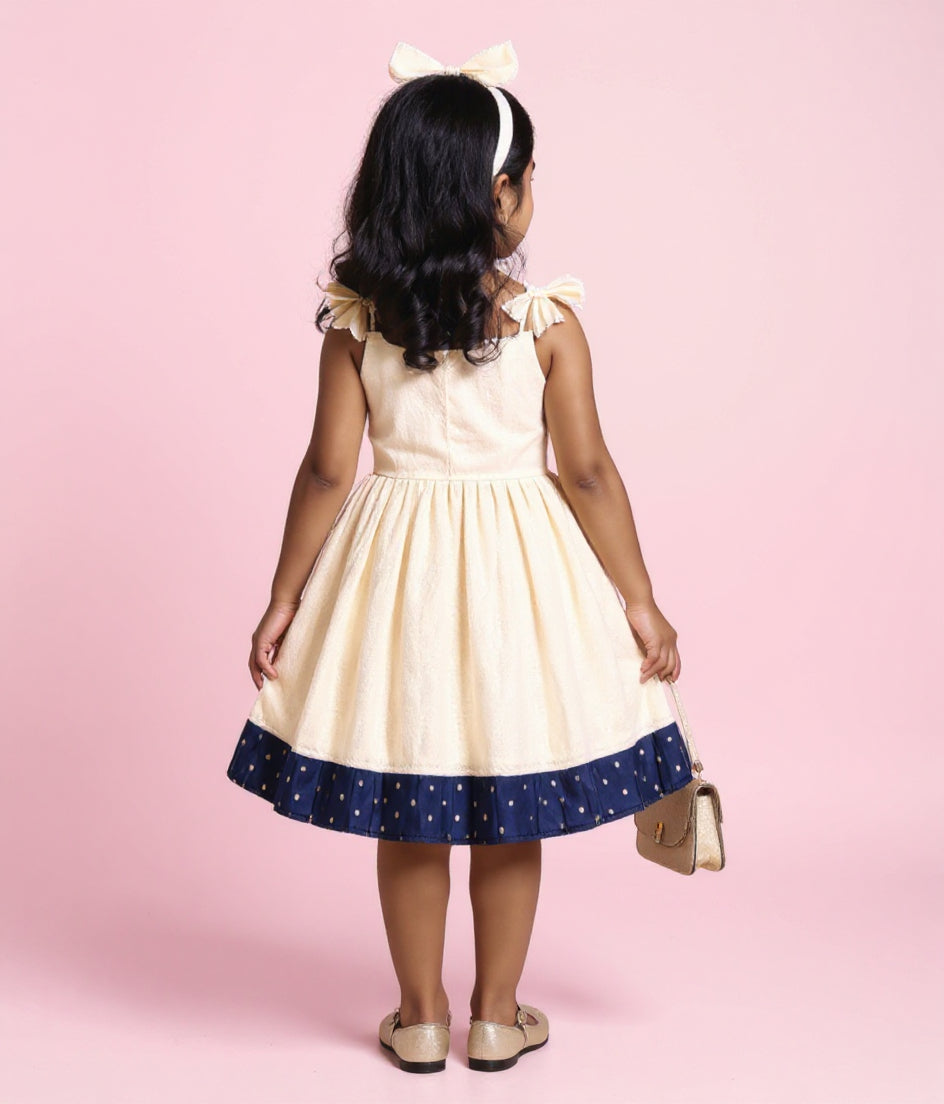 Girl's Sleeveless Empire Waist Frock with Pintuck Pleats and Tie-Up Shoulders - Blue