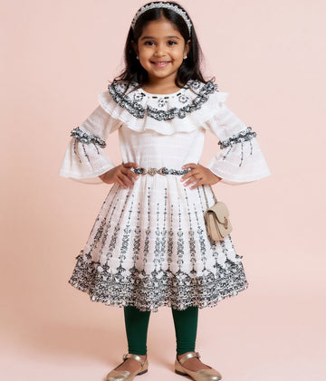 Girls' Tiered Ruffle Western Wear Dress with Embroidered Yoke & Bell Sleeves - Cream
