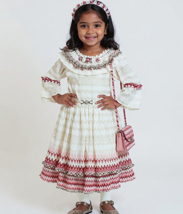 Girls' Tiered Ruffle Western Wear Dress with Embroidered Yoke & Bell Sleeves - Cream