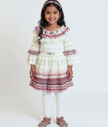 Girls' Tiered Ruffle Western Wear Dress with Embroidered Yoke & Bell Sleeves - Cream