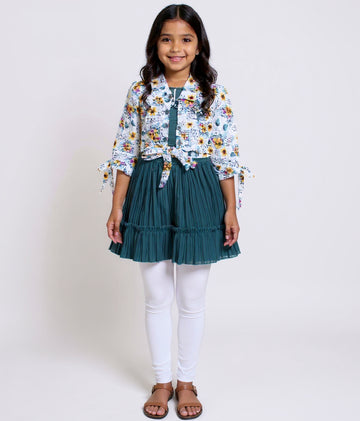 Girls' Floral Print Collared Top with Tiered Skirt & Leggings Set - Teal
