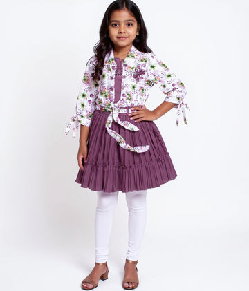 Girls' Floral Print Collared Top with Tiered Skirt & Leggings Set - Pink