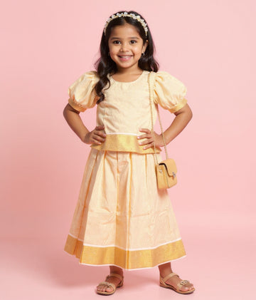 Kids' Traditional Readymade Pattu Pavadai Set with Puff Sleeves and Zari Border - Gold
