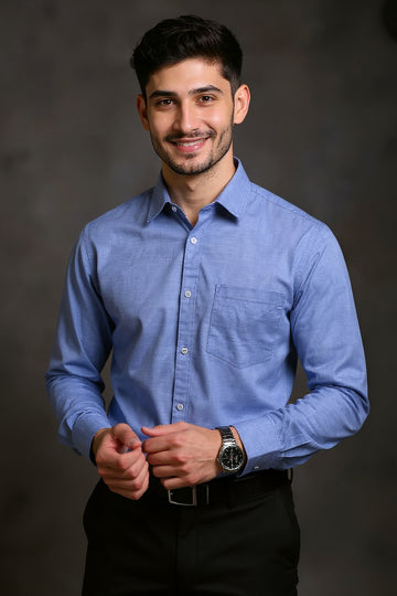 Men's Solid Slim Fit Formal Shirt with Spread Collar and Full Sleeves - Steel Blue