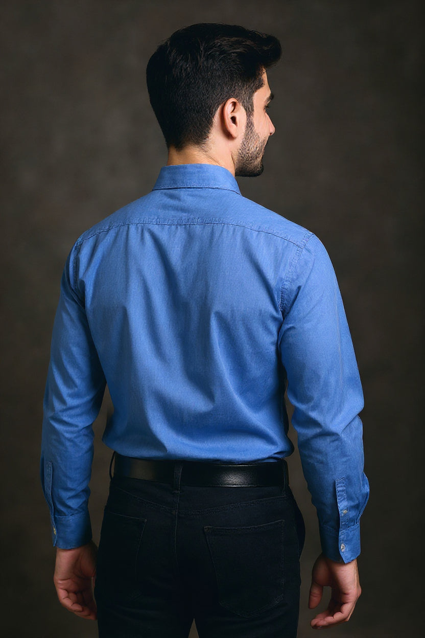 Men's Solid Slim Fit Formal Shirt with Spread Collar and Full Sleeves - Blue