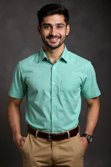 Men's Solid Slim Fit Formal Shirt with Spread Collar and Half Sleeves- Pista Green