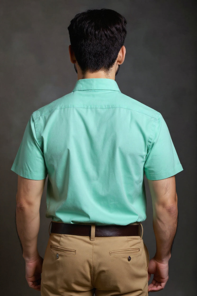 Men's Solid Slim Fit Formal Shirt with Spread Collar and Half Sleeves- Pista Green