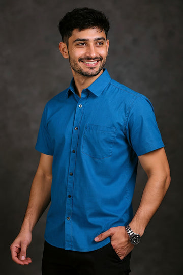 Men's Solid Slim Fit Formal Shirt with Spread Collar and Half Sleeves - Teal