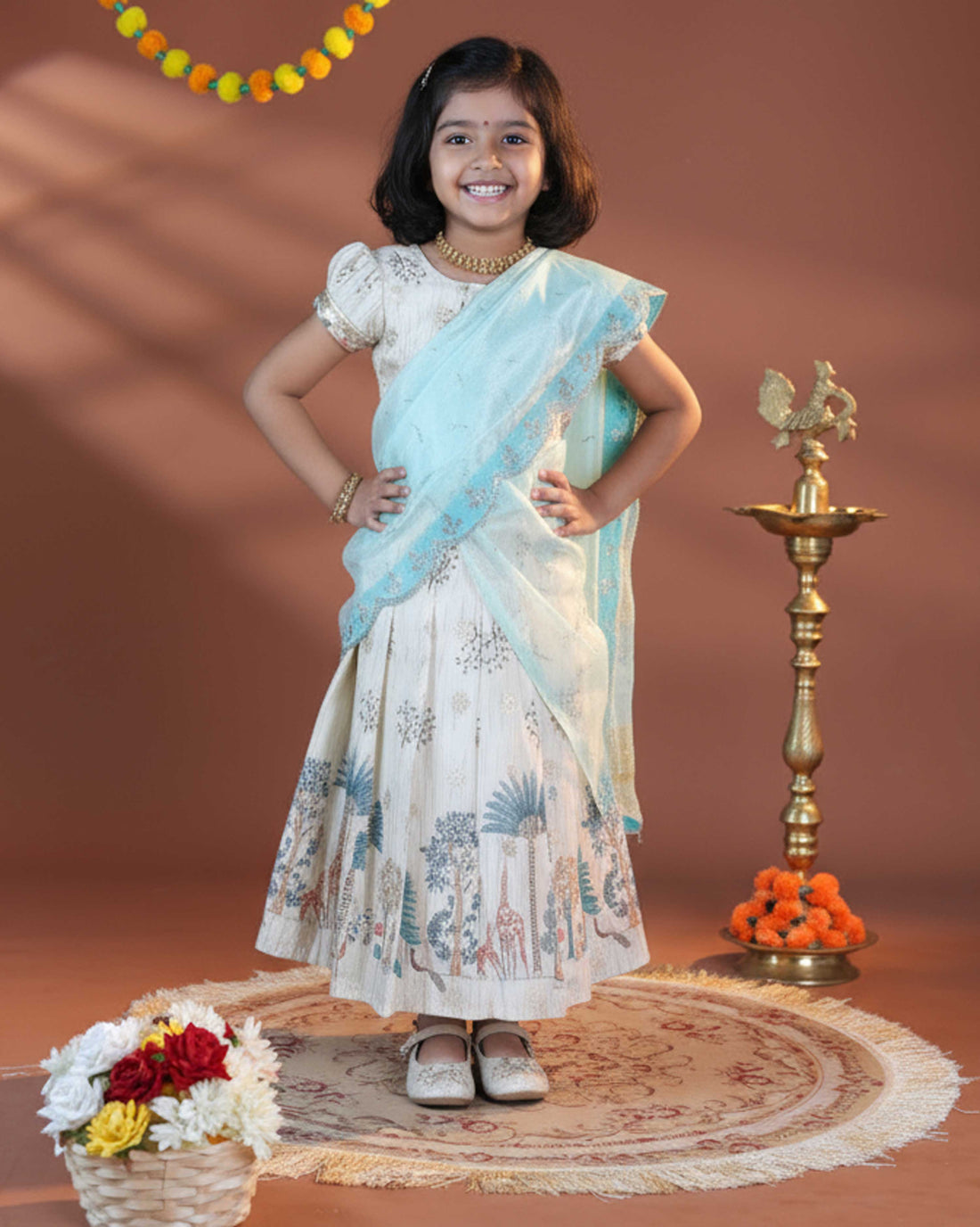 Traditional Dhavani Set for Girls with Embellished Blouse and Printed Skirt - Cream