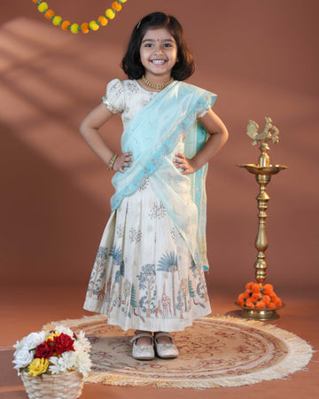 Traditional Dhavani Set for Girls with Embellished Blouse and Printed Skirt - Cream