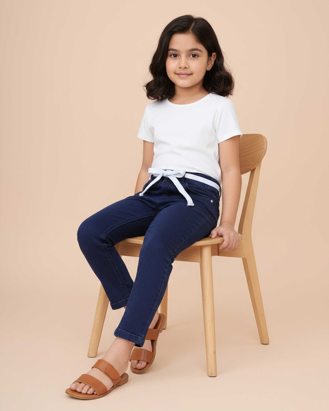 Stylish Girls Denim Jeans with Comfortable Fit and Trendy Belt Design - Dark Blue