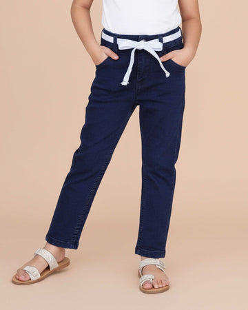 Stylish Girls Denim Jeans with Comfortable Fit and Trendy Belt Design - Dark Blue