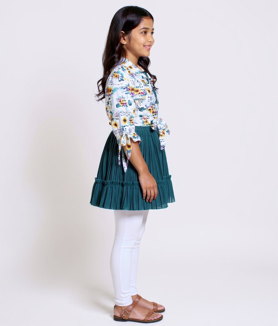 Girls' Floral Print Collared Top with Tiered Skirt & Leggings Set  - Teal