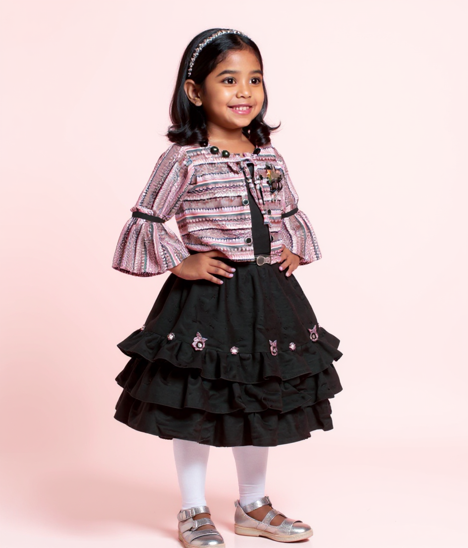Girls' Tiered Skirt Dress with Bell Sleeve & Embellishments - Multi