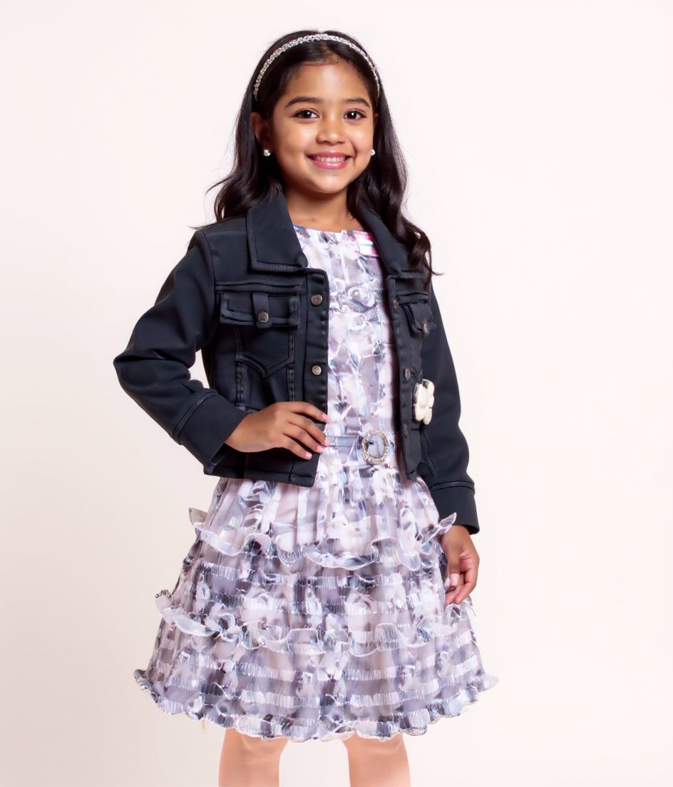 Girls' Floral Print A-Line Western Wear with Denim Jacket - Multi