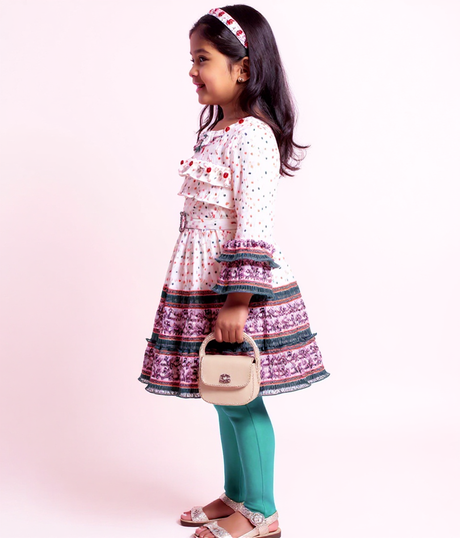 Girls' Tiered Ruffle Western Wear Dress with Embroidered Yoke & Bell Sleeves - Cream