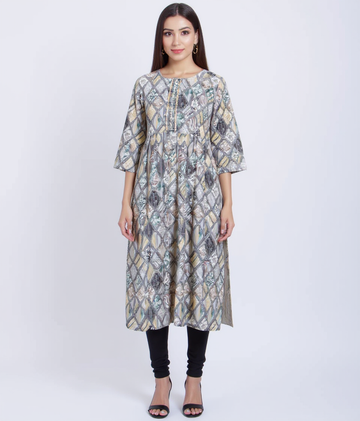 Women's Printed A-Line Kurta with 3/4 th Sleeves and Round Neckline - Grey
