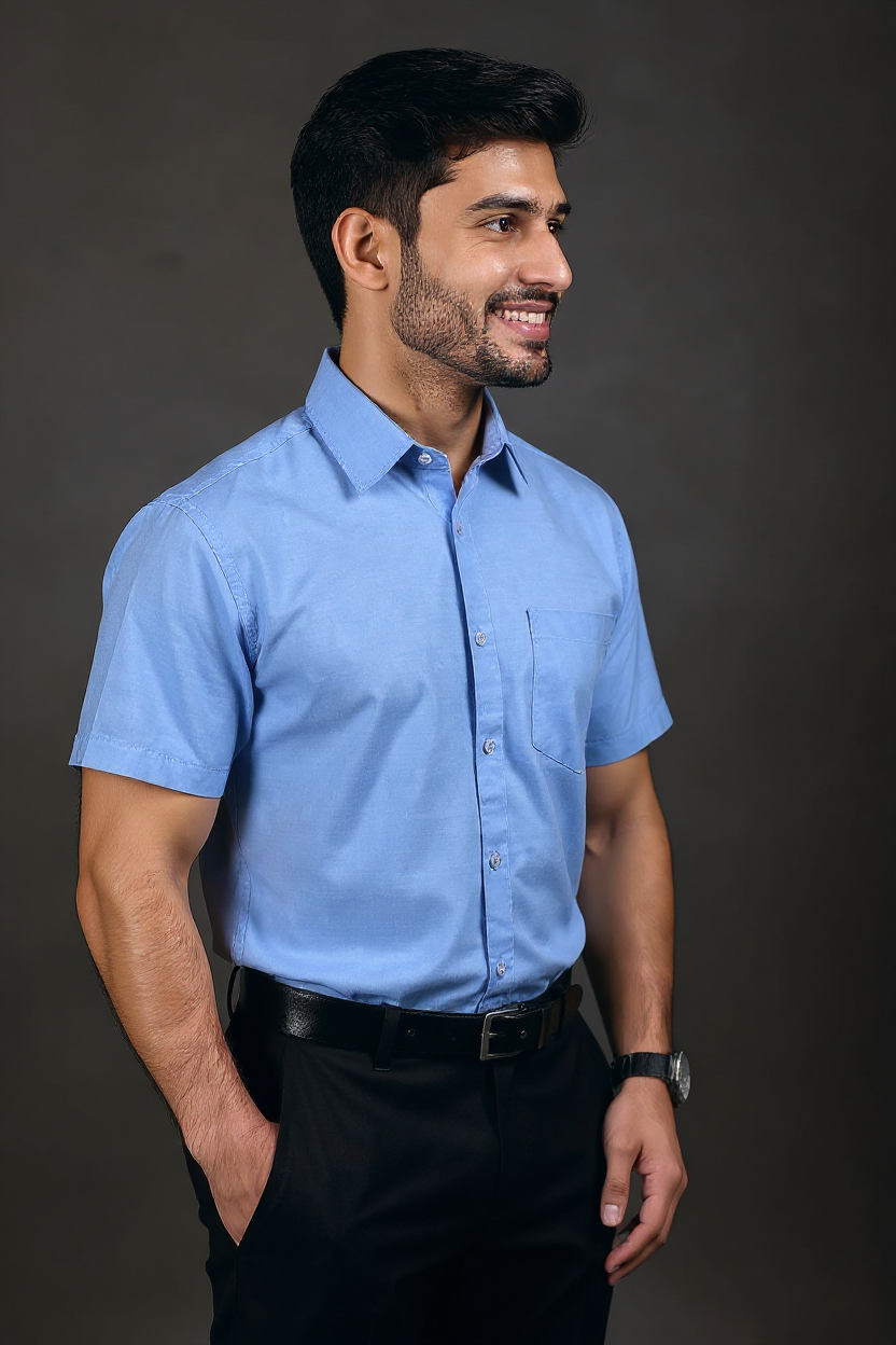 Men's Solid Slim Fit Formal Shirt with Spread Collar and Half Sleeves - Light Blue