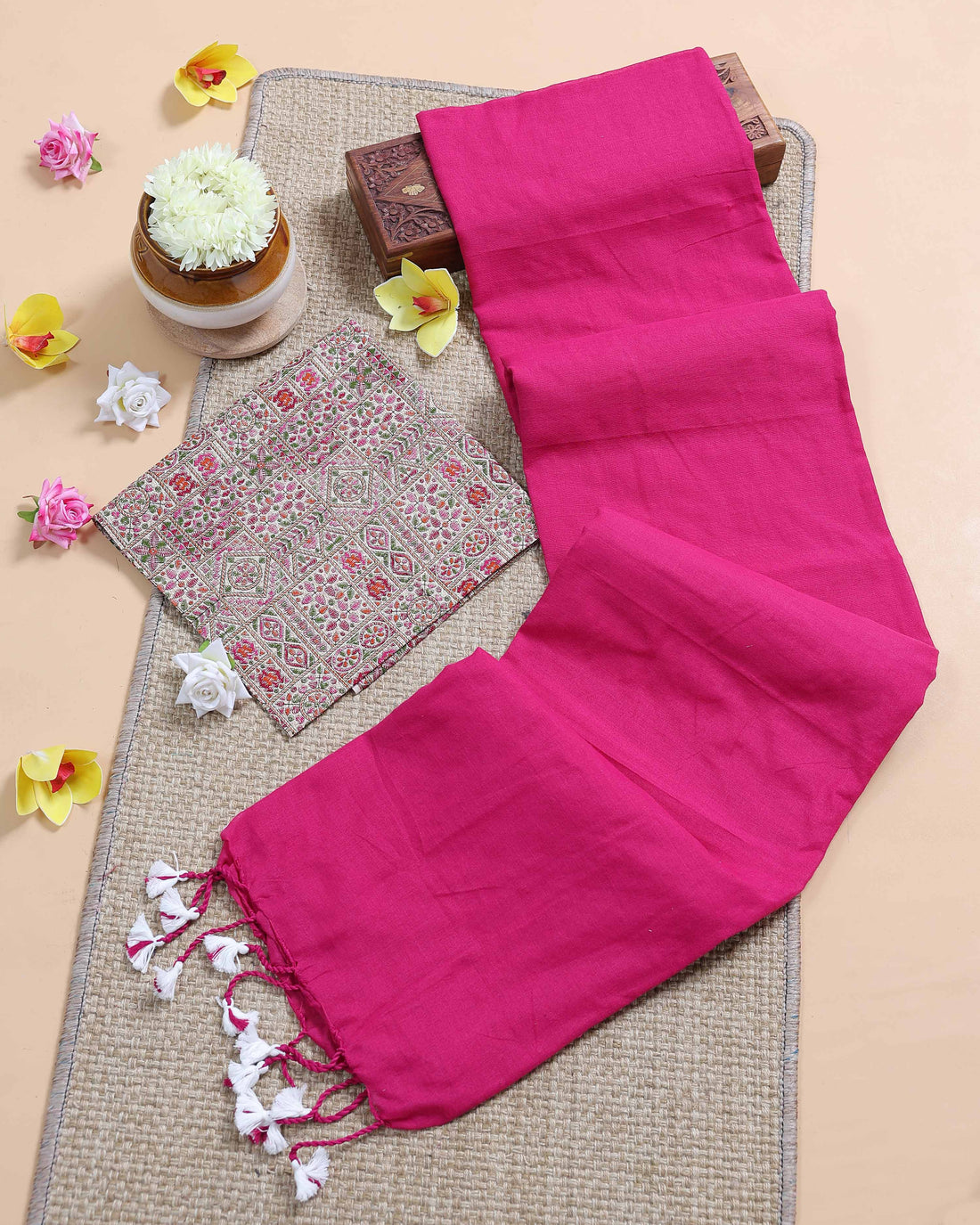 handloom-khadi-cotton-saree-with-contrast-printed-blouse-and-tassel-accents-pink-one