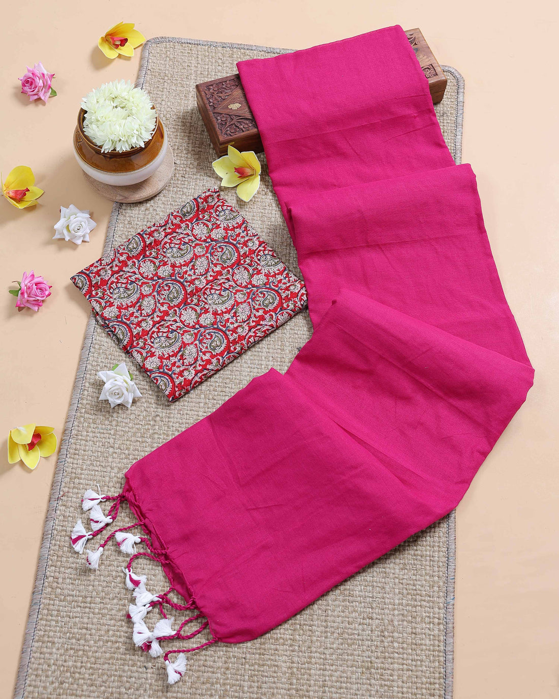 handloom-khadi-cotton-saree-with-contrast-printed-blouse-and-tassel-accents-pink-two