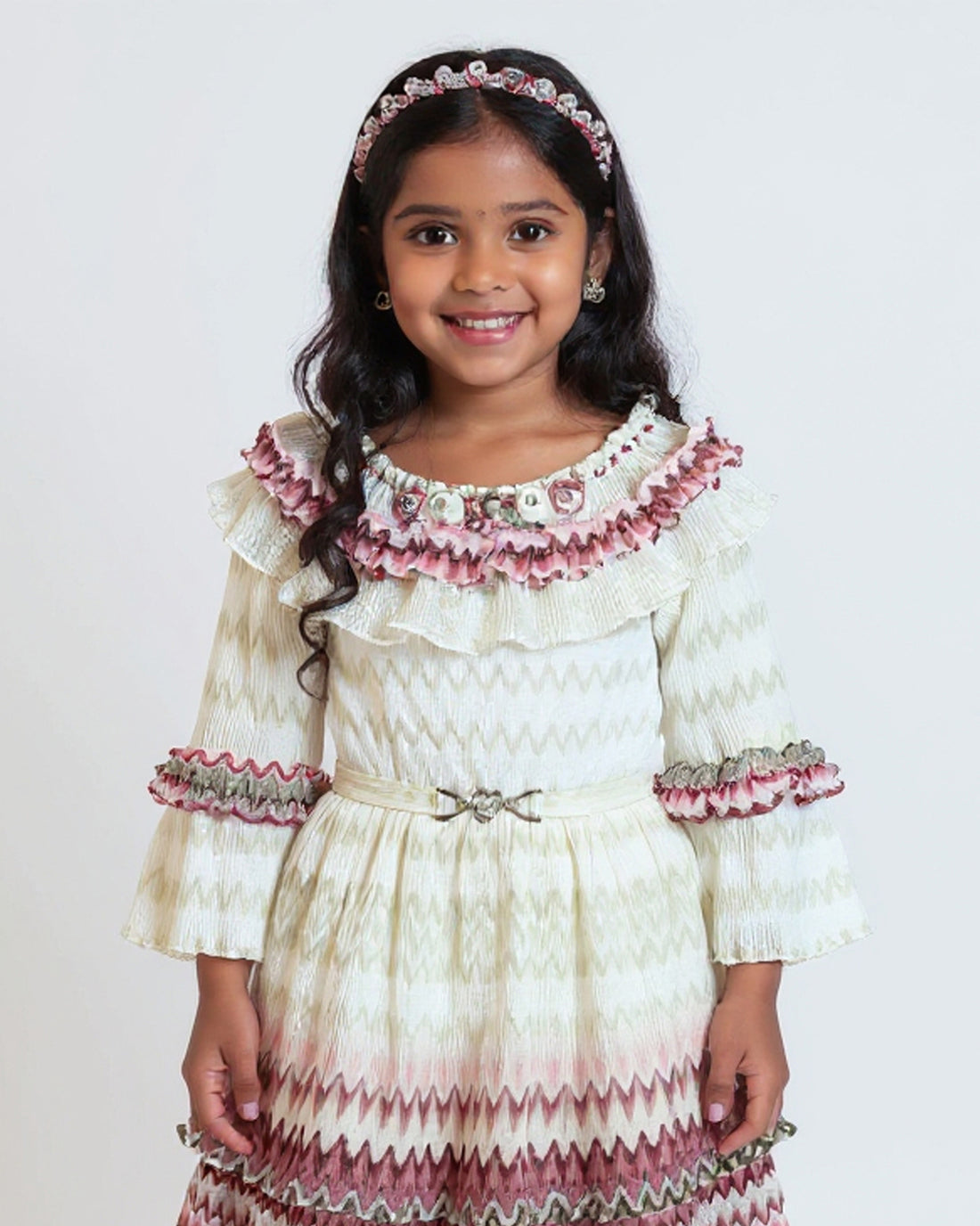 Girls' Tiered Ruffle Western Wear Dress with Embroidered Yoke & Bell Sleeves - Cream