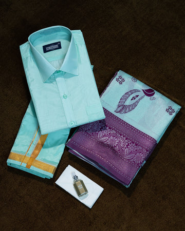 Turquoise Colour Shirt & Dhoti Set With Saree Couple Combo
