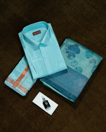 Aqua Blue Colour Shirt & Dhoti Set With Saree Couple Combo