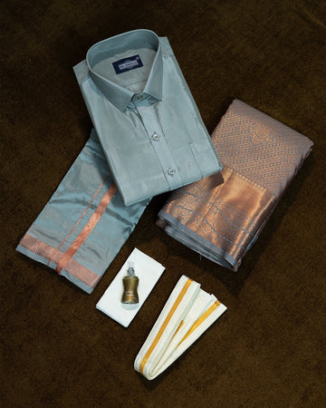 Grey Colour Shirt & Dhoti Set With Saree Couple Combo