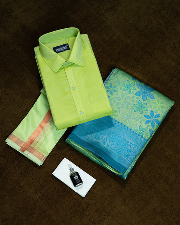 Green Colour Shirt & Dhoti Set With Saree Couple Combo
